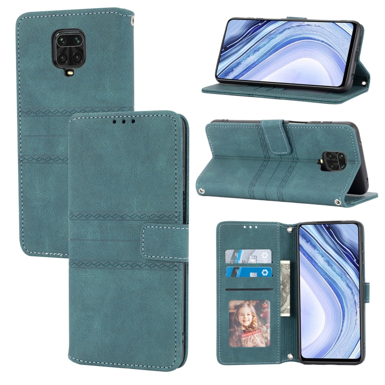 For Xiaomi Redmi Note 9 Pro Max Embossed Striped Magnetic Buckle PU + TPU Horizontal Flip Leather Case with Holder & Card Slot & Wallet & Photo Frame & Sling(Green) - Xiaomi Cases by buy2fix | Online Shopping UK | buy2fix