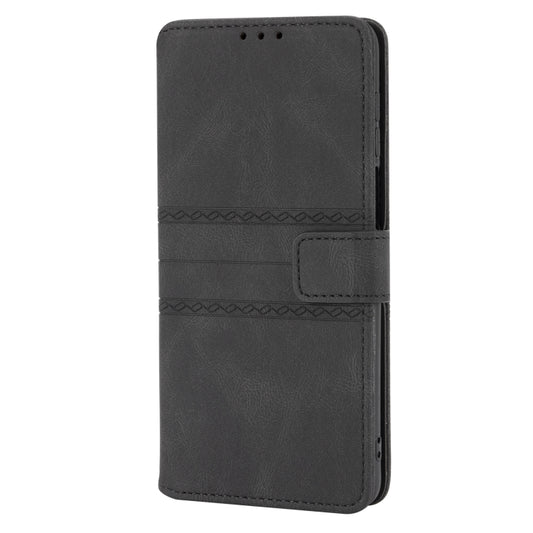 For Xiaomi Redmi Note 9 Pro Max Embossed Striped Magnetic Buckle PU + TPU Horizontal Flip Leather Case with Holder & Card Slot & Wallet & Photo Frame & Sling(Black) by buy2fix