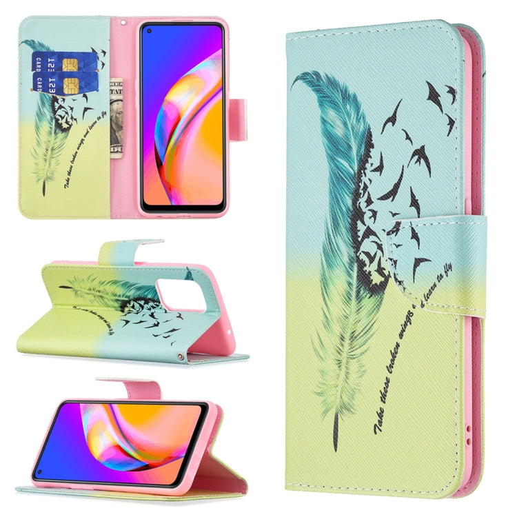 For OPPO A94 5G / Reno5 Z 5G / F19 Pro+ Colored Drawing Pattern Horizontal Flip Leather Case with Holder & Card Slots & Wallet(Feather) - OPPO Cases by buy2fix | Online Shopping UK | buy2fix