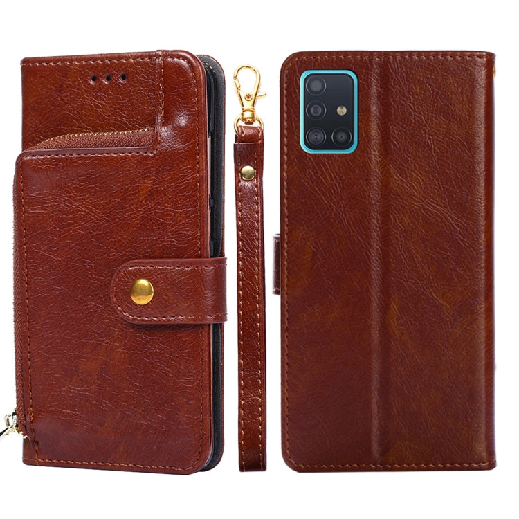 For Samsung Galaxy A51 5G Zipper Bag PU + TPU Horizontal Flip Leather Case with Holder & Card Slot & Wallet & Lanyard(Brown) by buy2fix