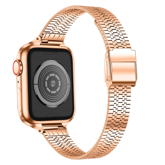14mm Seven-beads Double Safety Buckle Slim Steel Watch Band For Apple Watch Ultra 49mm&Watch Ultra 2 49mm / Series 9&8&7 45mm / SE 3&SE 2&6&SE&5&4 44mm / 3&2&1 42mm(Rose Gold) by buy2fix