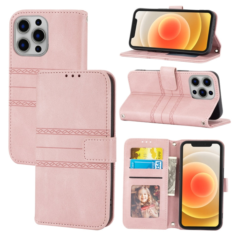 For iPhone 13 Embossed Striped Magnetic Buckle PU + TPU Horizontal Flip Leather Case with Holder & Card Slot & Wallet & Photo Frame & Sling(Pink) - iPhone 13 Cases by buy2fix | Online Shopping UK | buy2fix