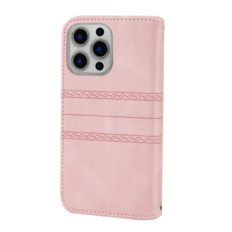 For iPhone 13 Embossed Striped Magnetic Buckle PU + TPU Horizontal Flip Leather Case with Holder & Card Slot & Wallet & Photo Frame & Sling(Pink) - iPhone 13 Cases by buy2fix | Online Shopping UK | buy2fix