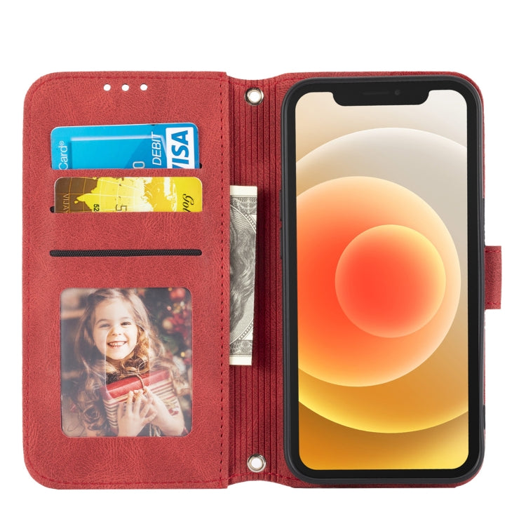 For iPhone 13 Embossed Striped Magnetic Buckle PU + TPU Horizontal Flip Leather Case with Holder & Card Slot & Wallet & Photo Frame & Sling(Red) - iPhone 13 Cases by buy2fix | Online Shopping UK | buy2fix