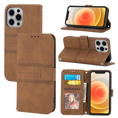 For iPhone 13 Embossed Striped Magnetic Buckle PU + TPU Horizontal Flip Leather Case with Holder & Card Slot & Wallet & Photo Frame & Sling(Brown) - iPhone 13 Cases by buy2fix | Online Shopping UK | buy2fix