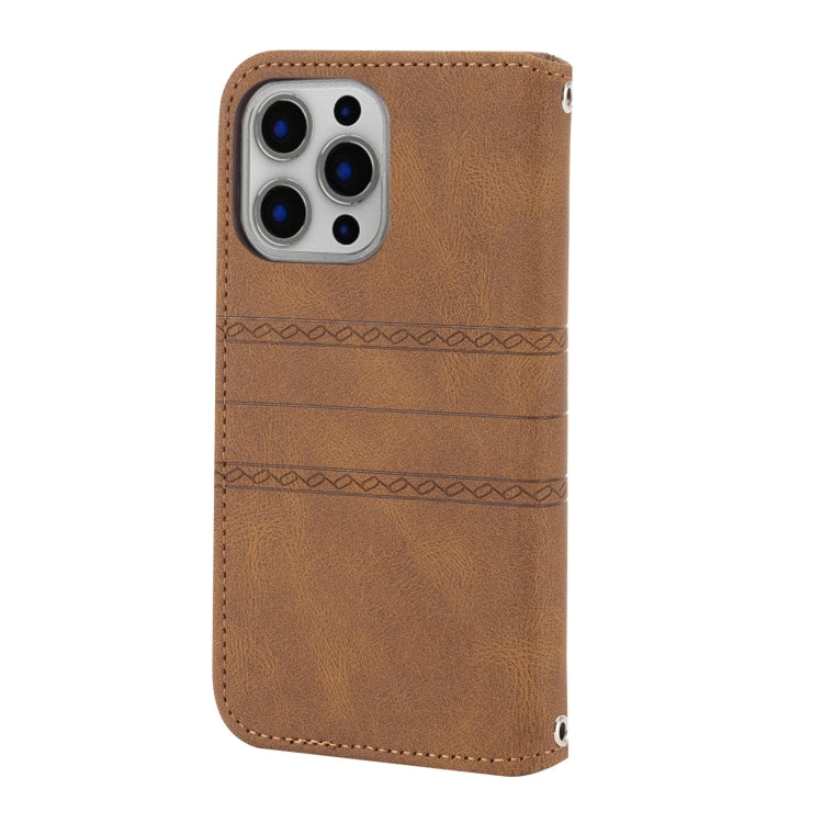 For iPhone 13 Embossed Striped Magnetic Buckle PU + TPU Horizontal Flip Leather Case with Holder & Card Slot & Wallet & Photo Frame & Sling(Brown) - iPhone 13 Cases by buy2fix | Online Shopping UK | buy2fix