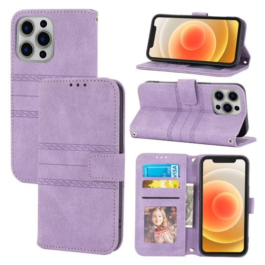 For iPhone 13 Embossed Striped Magnetic Buckle PU + TPU Horizontal Flip Leather Case with Holder & Card Slot & Wallet & Photo Frame & Sling(Purple) - iPhone 13 Cases by buy2fix | Online Shopping UK | buy2fix