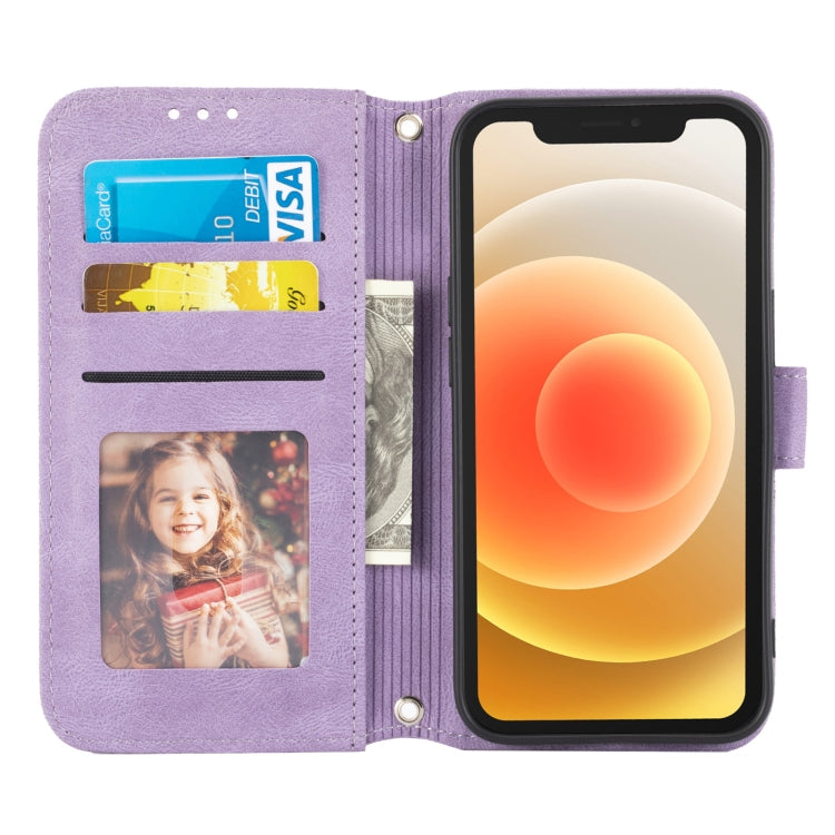 For iPhone 13 Embossed Striped Magnetic Buckle PU + TPU Horizontal Flip Leather Case with Holder & Card Slot & Wallet & Photo Frame & Sling(Purple) - iPhone 13 Cases by buy2fix | Online Shopping UK | buy2fix