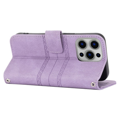 For iPhone 13 Embossed Striped Magnetic Buckle PU + TPU Horizontal Flip Leather Case with Holder & Card Slot & Wallet & Photo Frame & Sling(Purple) - iPhone 13 Cases by buy2fix | Online Shopping UK | buy2fix