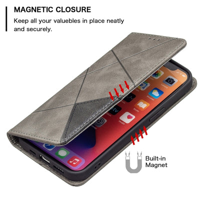 For iPhone 13 mini Rhombus Texture Horizontal Flip Magnetic Leather Case with Holder & Card Slots (Grey) by buy2fix