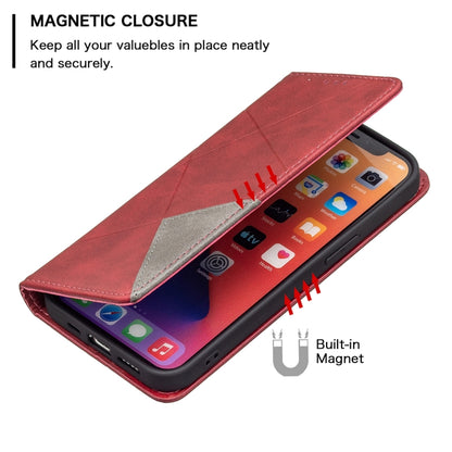 For iPhone 13 Rhombus Texture Horizontal Flip Magnetic Leather Case with Holder & Card Slots(Red) - iPhone 13 Cases by buy2fix | Online Shopping UK | buy2fix