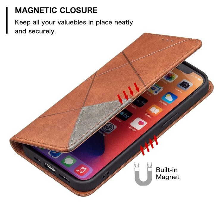 For iPhone 13 Rhombus Texture Horizontal Flip Magnetic Leather Case with Holder & Card Slots(Brown) - iPhone 13 Cases by buy2fix | Online Shopping UK | buy2fix