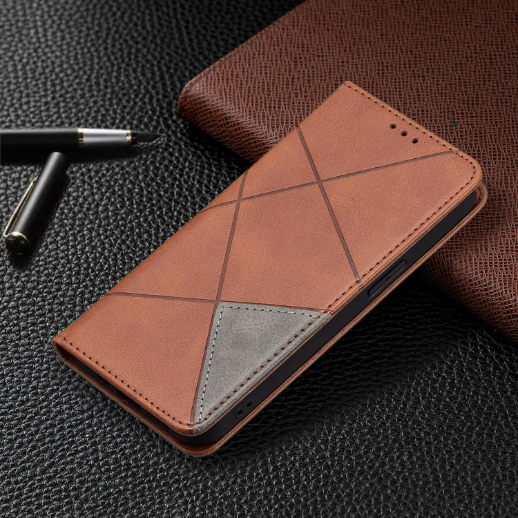 For iPhone 13 Rhombus Texture Horizontal Flip Magnetic Leather Case with Holder & Card Slots(Brown) - iPhone 13 Cases by buy2fix | Online Shopping UK | buy2fix