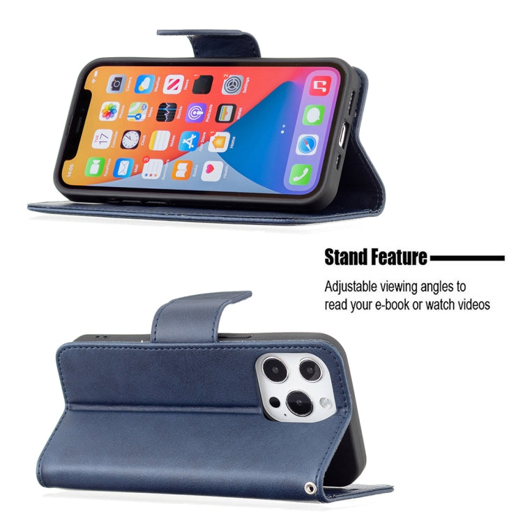 For iPhone 13 Retro Lambskin Texture Pure Color Horizontal Flip PU Leather Case, with Holder & Card Slots & Wallet & Lanyard(Blue) - iPhone 13 Cases by buy2fix | Online Shopping UK | buy2fix