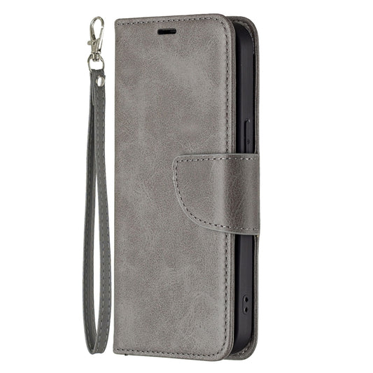 For iPhone 13 Pro Retro Lambskin Texture Pure Color Horizontal Flip PU Leather Case, with Holder & Card Slots & Wallet & Lanyard(Grey) by buy2fix