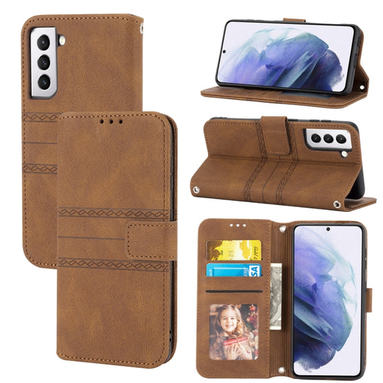 For Samsung Galaxy S21+ 5G Embossed Striped Magnetic Buckle PU + TPU Horizontal Flip Leather Case with Holder & Card Slot & Wallet & Photo Frame & Sling(Brown)