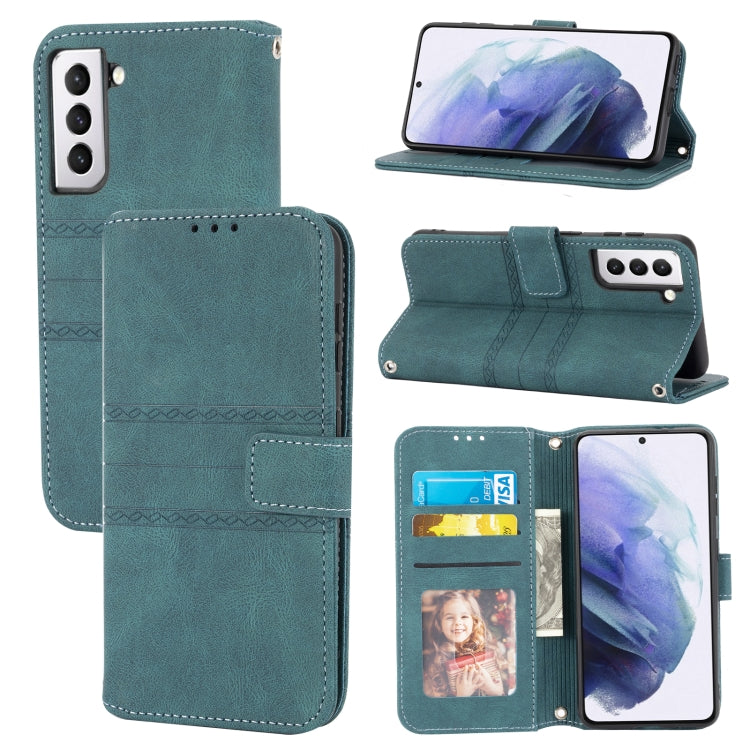For Samsung Galaxy S21 FE Embossed Striped Magnetic Buckle PU + TPU Horizontal Flip Leather Case with Holder & Card Slot & Wallet & Photo Frame & Sling(Green) by buy2fix