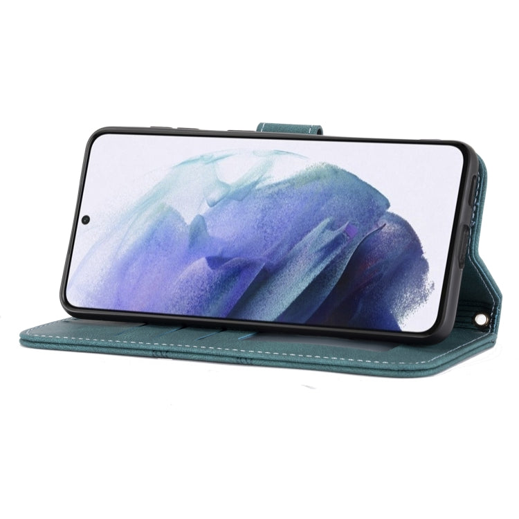 For Samsung Galaxy S21 FE Embossed Striped Magnetic Buckle PU + TPU Horizontal Flip Leather Case with Holder & Card Slot & Wallet & Photo Frame & Sling(Green) by buy2fix