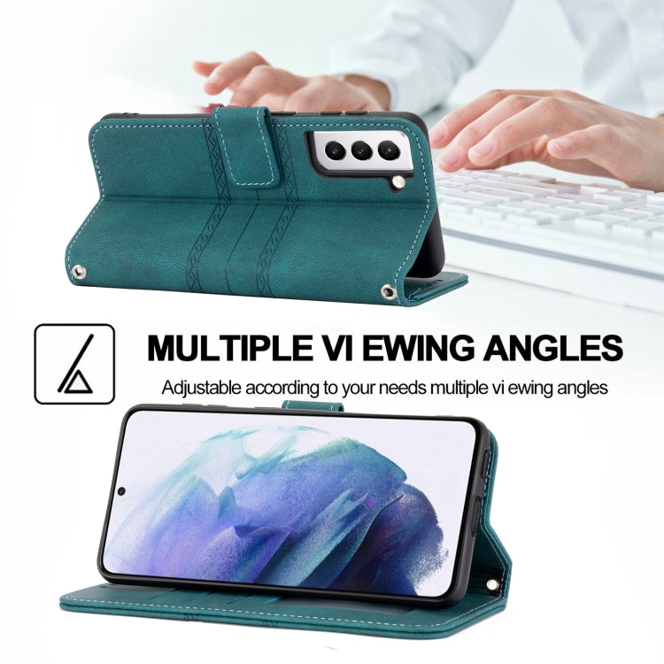 For Samsung Galaxy S21 FE Embossed Striped Magnetic Buckle PU + TPU Horizontal Flip Leather Case with Holder & Card Slot & Wallet & Photo Frame & Sling(Green) by buy2fix