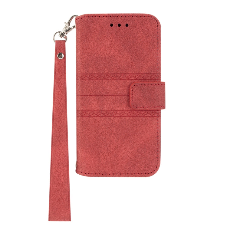 For Samsung Galaxy A12 5G Embossed Striped Magnetic Buckle PU + TPU Horizontal Flip Leather Case with Holder & Card Slot & Wallet & Photo Frame & Sling(Red) by buy2fix