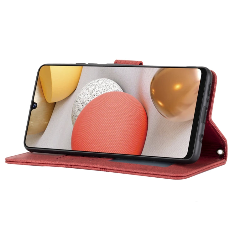 For Samsung Galaxy A12 5G Embossed Striped Magnetic Buckle PU + TPU Horizontal Flip Leather Case with Holder & Card Slot & Wallet & Photo Frame & Sling(Red) by buy2fix