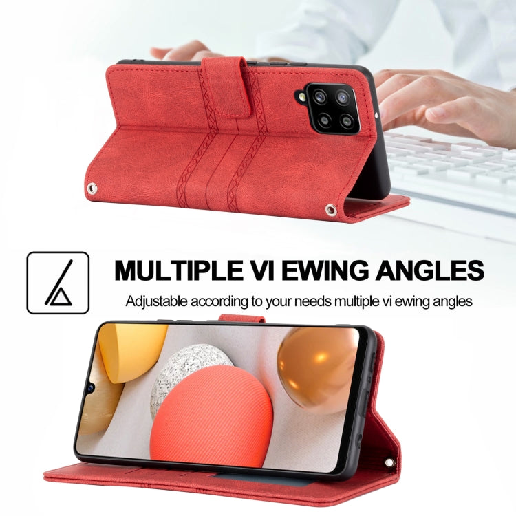 For Samsung Galaxy A12 5G Embossed Striped Magnetic Buckle PU + TPU Horizontal Flip Leather Case with Holder & Card Slot & Wallet & Photo Frame & Sling(Red) by buy2fix