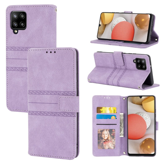 For Samsung Galaxy A12 5G Embossed Striped Magnetic Buckle PU + TPU Horizontal Flip Leather Case with Holder & Card Slot & Wallet & Photo Frame & Sling(Purple) by buy2fix