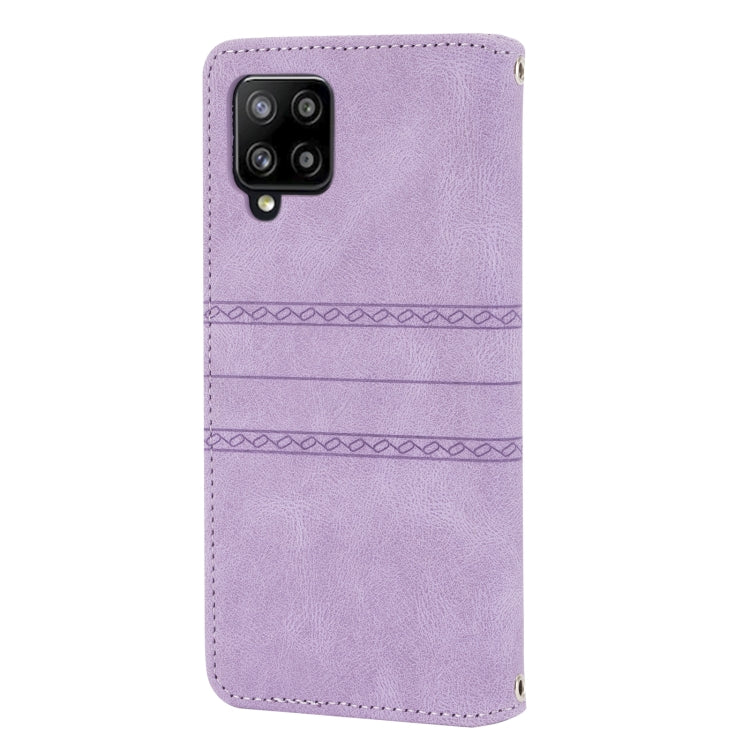 For Samsung Galaxy A12 5G Embossed Striped Magnetic Buckle PU + TPU Horizontal Flip Leather Case with Holder & Card Slot & Wallet & Photo Frame & Sling(Purple) by buy2fix