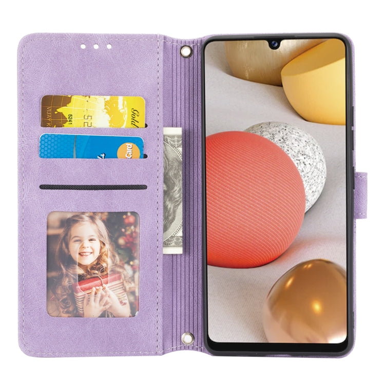 For Samsung Galaxy A12 5G Embossed Striped Magnetic Buckle PU + TPU Horizontal Flip Leather Case with Holder & Card Slot & Wallet & Photo Frame & Sling(Purple) by buy2fix