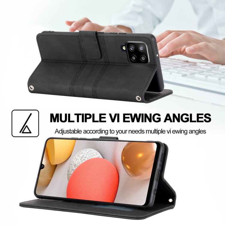For Samsung Galaxy A12 5G Embossed Striped Magnetic Buckle PU + TPU Horizontal Flip Leather Case with Holder & Card Slot & Wallet & Photo Frame & Sling(Black) by buy2fix