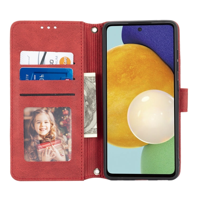 For Samsung Galaxy A52 5G / 4G Embossed Striped Magnetic Buckle PU + TPU Horizontal Flip Leather Case with Holder & Card Slot & Wallet & Photo Frame & Sling(Red) by buy2fix