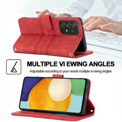 For Samsung Galaxy A52 5G / 4G Embossed Striped Magnetic Buckle PU + TPU Horizontal Flip Leather Case with Holder & Card Slot & Wallet & Photo Frame & Sling(Red) by buy2fix