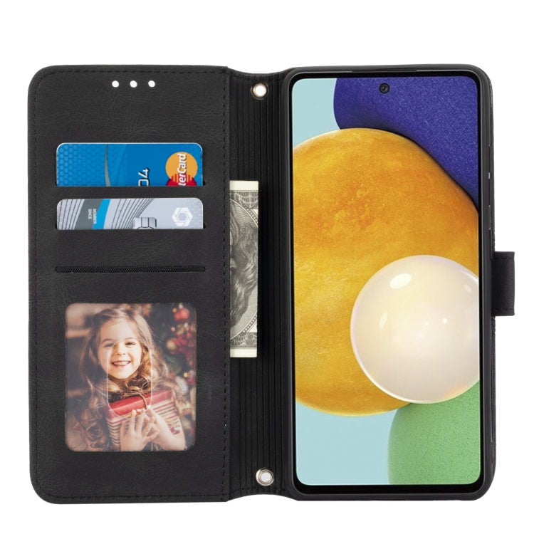 For Samsung Galaxy A52 5G / 4G Embossed Striped Magnetic Buckle PU + TPU Horizontal Flip Leather Case with Holder & Card Slot & Wallet & Photo Frame & Sling(Black) by buy2fix