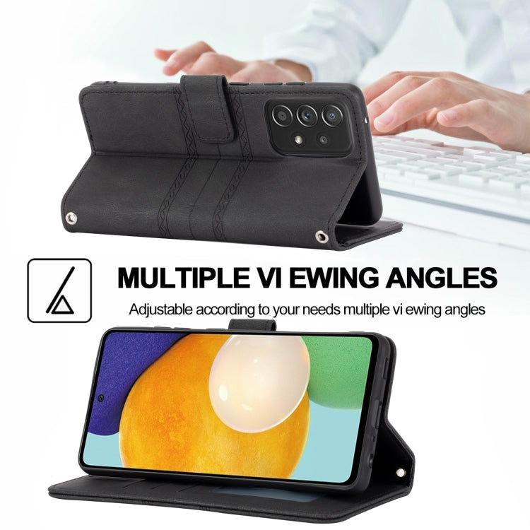 For Samsung Galaxy A52 5G / 4G Embossed Striped Magnetic Buckle PU + TPU Horizontal Flip Leather Case with Holder & Card Slot & Wallet & Photo Frame & Sling(Black) by buy2fix