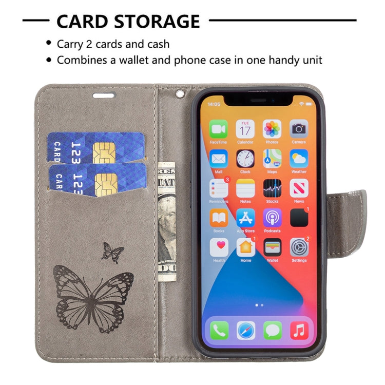 For iPhone 13 mini Embossing Two Butterflies Pattern Horizontal Flip PU Leather Case with Holder & Card Slot & Wallet & Lanyard (Grey) by buy2fix