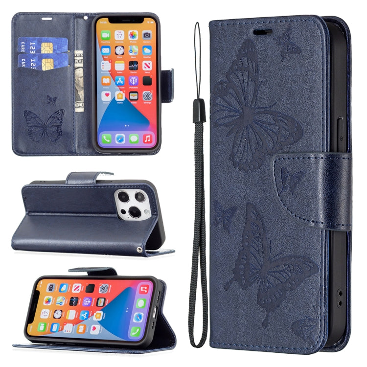 For iPhone 13 mini Embossing Two Butterflies Pattern Horizontal Flip PU Leather Case with Holder & Card Slot & Wallet & Lanyard (Blue) by buy2fix