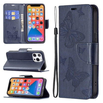 For iPhone 13 mini Embossing Two Butterflies Pattern Horizontal Flip PU Leather Case with Holder & Card Slot & Wallet & Lanyard (Blue) by buy2fix