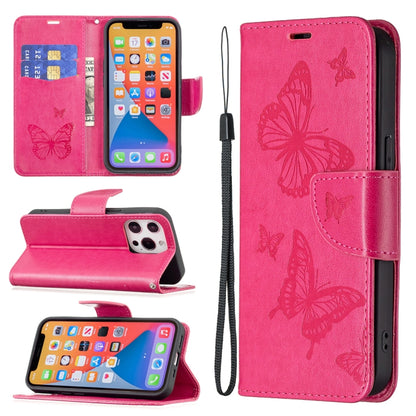 For iPhone 13 mini Embossing Two Butterflies Pattern Horizontal Flip PU Leather Case with Holder & Card Slot & Wallet & Lanyard (Rose Red) by buy2fix