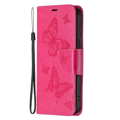 For iPhone 13 mini Embossing Two Butterflies Pattern Horizontal Flip PU Leather Case with Holder & Card Slot & Wallet & Lanyard (Rose Red) by buy2fix