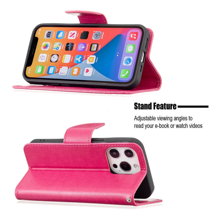 For iPhone 13 mini Embossing Two Butterflies Pattern Horizontal Flip PU Leather Case with Holder & Card Slot & Wallet & Lanyard (Rose Red) by buy2fix