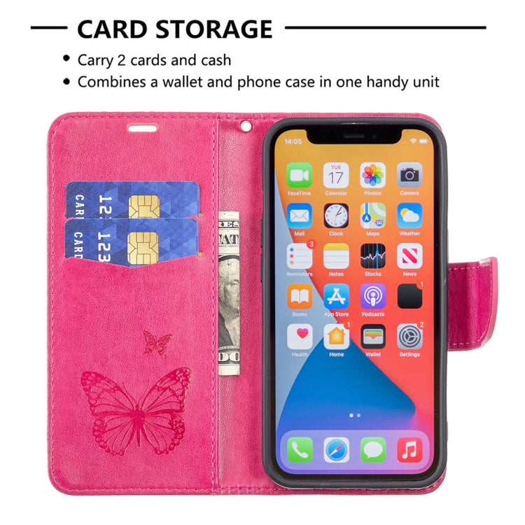 For iPhone 13 mini Embossing Two Butterflies Pattern Horizontal Flip PU Leather Case with Holder & Card Slot & Wallet & Lanyard (Rose Red) by buy2fix