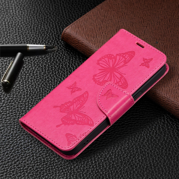 For iPhone 13 mini Embossing Two Butterflies Pattern Horizontal Flip PU Leather Case with Holder & Card Slot & Wallet & Lanyard (Rose Red) by buy2fix