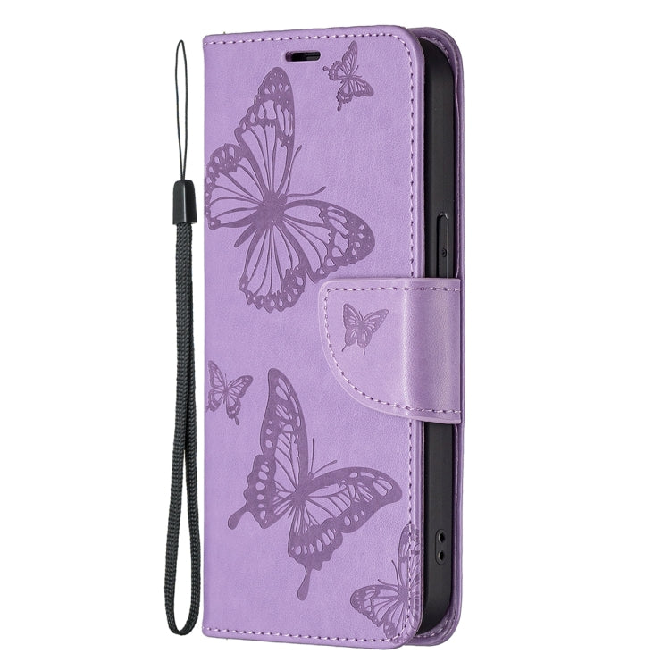 For iPhone 13 mini Embossing Two Butterflies Pattern Horizontal Flip PU Leather Case with Holder & Card Slot & Wallet & Lanyard (Purple) by buy2fix