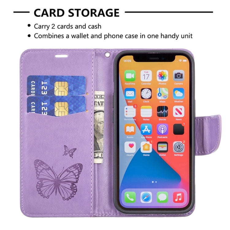 For iPhone 13 mini Embossing Two Butterflies Pattern Horizontal Flip PU Leather Case with Holder & Card Slot & Wallet & Lanyard (Purple) by buy2fix