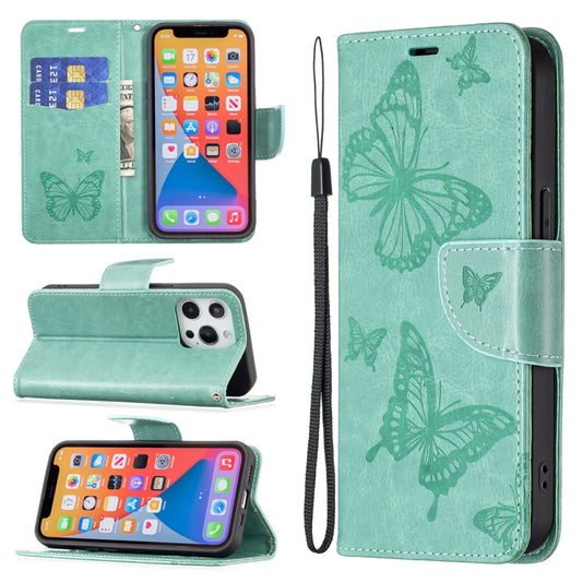 For iPhone 13 mini Embossing Two Butterflies Pattern Horizontal Flip PU Leather Case with Holder & Card Slot & Wallet & Lanyard (Green) by buy2fix