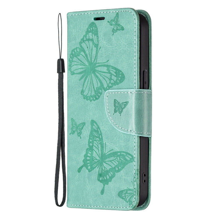 For iPhone 13 mini Embossing Two Butterflies Pattern Horizontal Flip PU Leather Case with Holder & Card Slot & Wallet & Lanyard (Green) by buy2fix