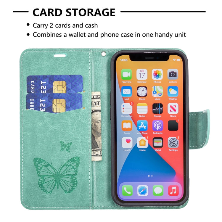 For iPhone 13 mini Embossing Two Butterflies Pattern Horizontal Flip PU Leather Case with Holder & Card Slot & Wallet & Lanyard (Green) by buy2fix