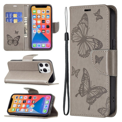 For iPhone 13 Embossing Two Butterflies Pattern Horizontal Flip PU Leather Case with Holder & Card Slot & Wallet & Lanyard(Grey) - iPhone 13 Cases by buy2fix | Online Shopping UK | buy2fix