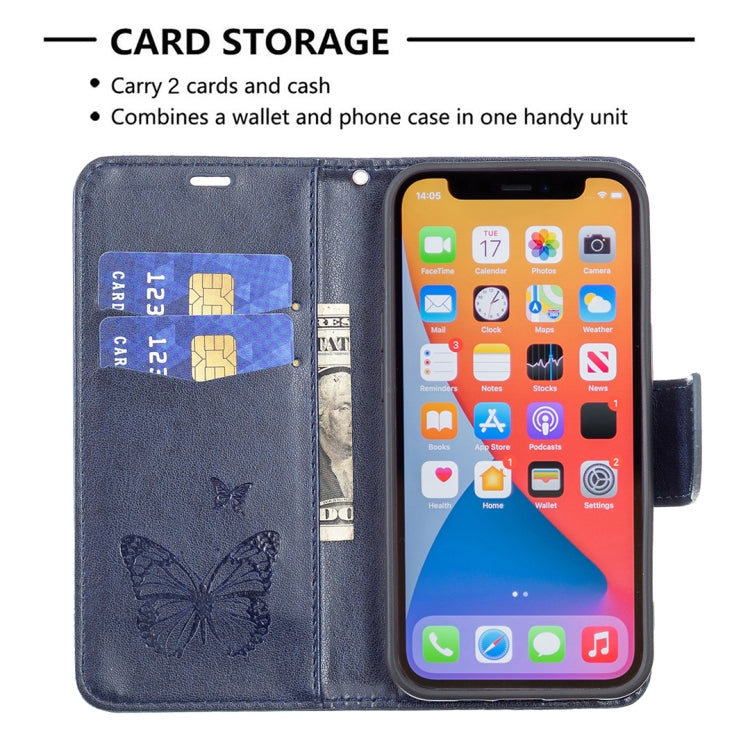 For iPhone 13 Embossing Two Butterflies Pattern Horizontal Flip PU Leather Case with Holder & Card Slot & Wallet & Lanyard(Blue) - iPhone 13 Cases by buy2fix | Online Shopping UK | buy2fix