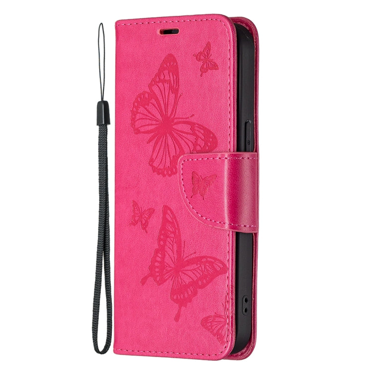 For iPhone 13 Embossing Two Butterflies Pattern Horizontal Flip PU Leather Case with Holder & Card Slot & Wallet & Lanyard(Rose Red) - iPhone 13 Cases by buy2fix | Online Shopping UK | buy2fix